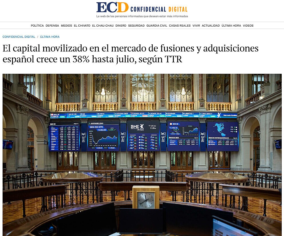 El capital movilizado en el mercado de fusiones y adquisiciones espaol crece un 38% hasta julio, segn TTR